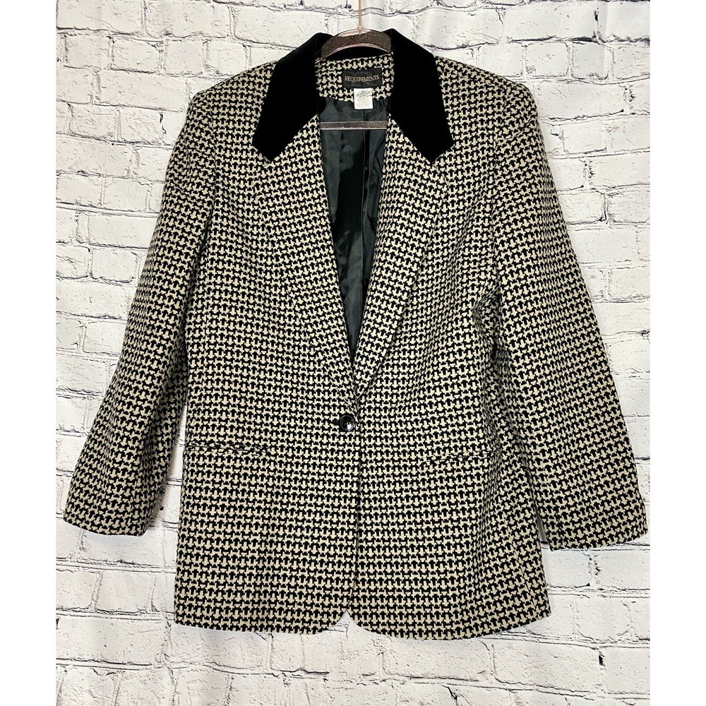 Vintage Requirements Plaid Black Tan Wool Blend Velvet Collar Lined Blazer Sz 12